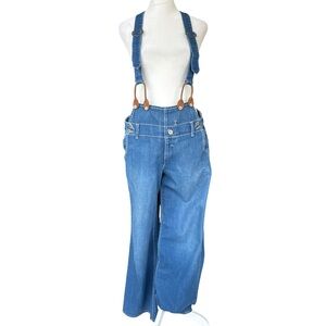 French Connection Denim Vintage Suspender Overalls Leather Trim Blue 8
